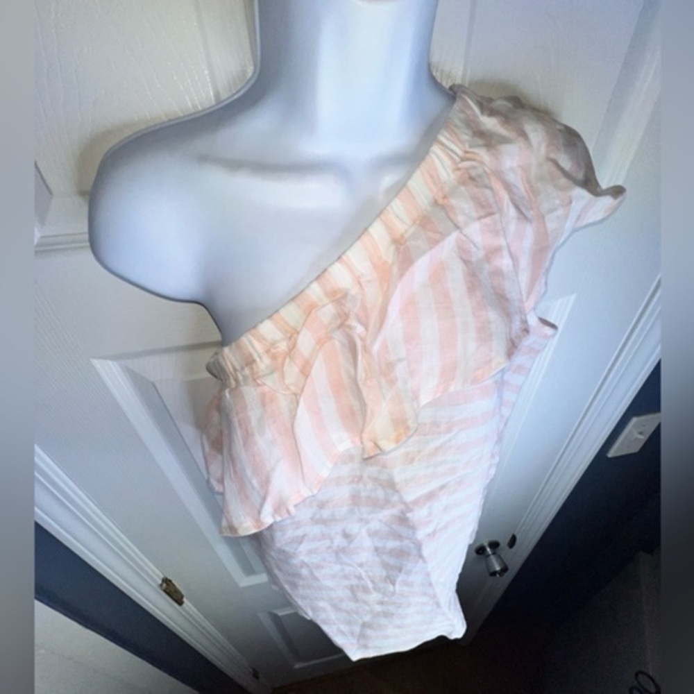 NWT Vince Camuto Womens X Small Linen Pink Stripe Adair One Shoulder Top XS - Picture 1 of 11